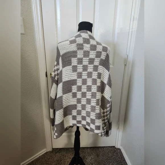 TALULAH Checkered Open-Front Cardigan - Brown and Cream S - Picture 8 of 12